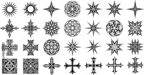 Black decorative star symbols, sun shapes, ornate crosses, mandala designs, tribal vector elements, tattoo icons, geometric pattern collection illustration
