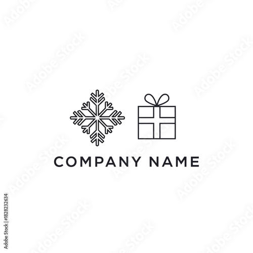 Minimalist Snowflake and Gift Box Outline Logo Design.