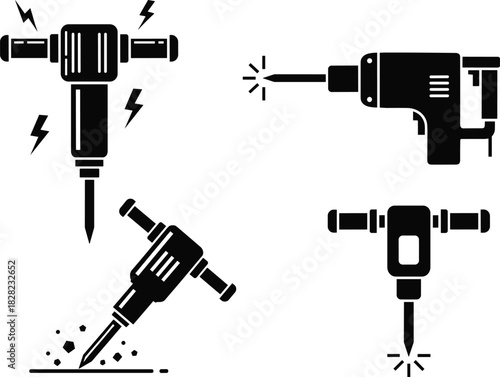 Black silhouette construction tools illustration featuring jackhammer, demolition drill, power equipment, industrial tool icons and heavy machinery symbols for construction work