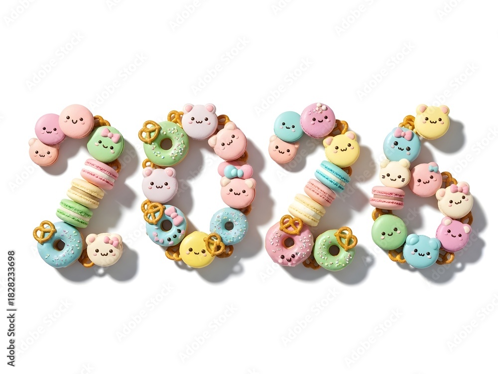 Fototapeta premium Colorful 2023 number design made with various sweet treats against white background