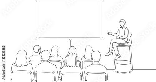 Business presentation scene with speaker and audience, training seminar illustration showing meeting, lecture, teamwork communication, corporate education, and professional learning