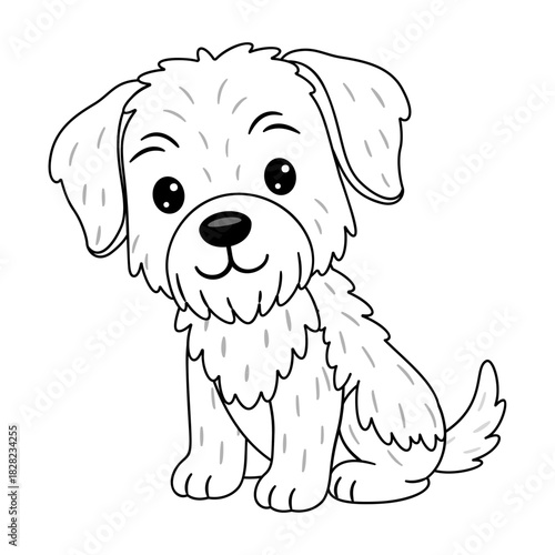 Fluffy cute puppy sitting politely and looking friendly. Doodle style Black and white line art. Ideal for pet themed illustrations, fun ideas for craft projects, coloring pages.