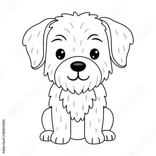 Fluffy cute puppy sitting politely and looking friendly. Doodle style Black and white line art. Ideal for pet themed illustrations, fun ideas for craft projects, coloring pages.