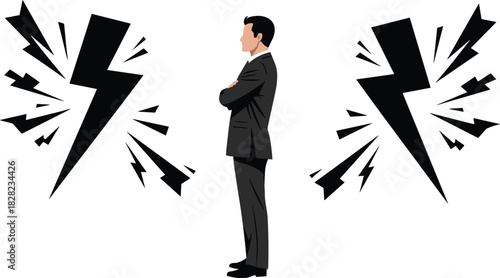 Businessman standing confidently with lightning energy bursts, power symbol illustration, leadership strength concept, bold dynamic graphic for motivation themes