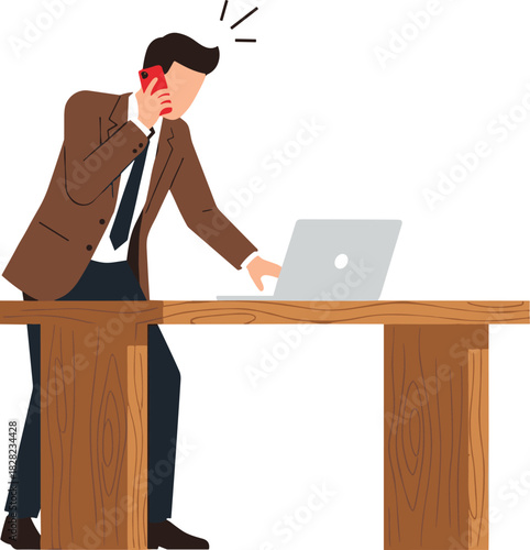 Businessman talking on phone, working on laptop at wooden desk, corporate communication, office productivity, multitasking professional illustration scene