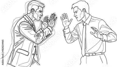Businessmen arguing face to face, conflict illustration showing confrontation, tension, disagreement, communication issues, workplace dispute, and professional conflict resolution concept
