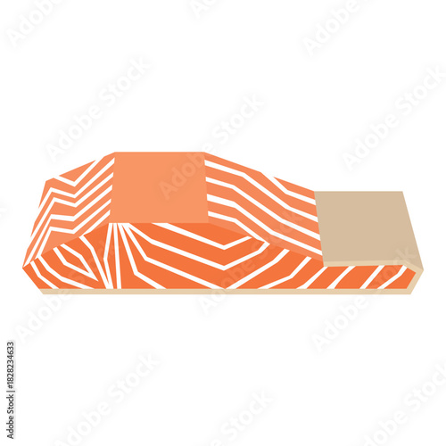 Stylized salmon fillet or steak showing the vibrant orange flesh and characteristic white fat lines, a healthy seafood flat vector illustration.