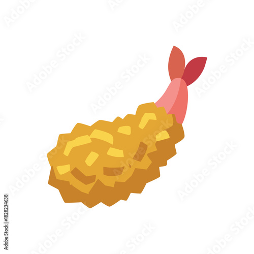 Crispy shrimp tempura showing the pink tail and golden fried batter coating, a Japanese seafood fast food flat vector icon.