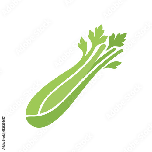 Fresh green celery stalk with leafy tops, a healthy, crisp vegetable flat vector icon for diet and cooking.