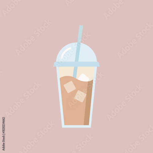 Minimalist flat vector illustration of a refreshing iced coffee or cold beverage in a clear plastic cup with a dome lid and drinking straw.
