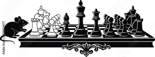 Chessboard illustration with full chess pieces and curious mouse, creative black and white artwork symbolizing strategy, intelligence, decision making, and competition
