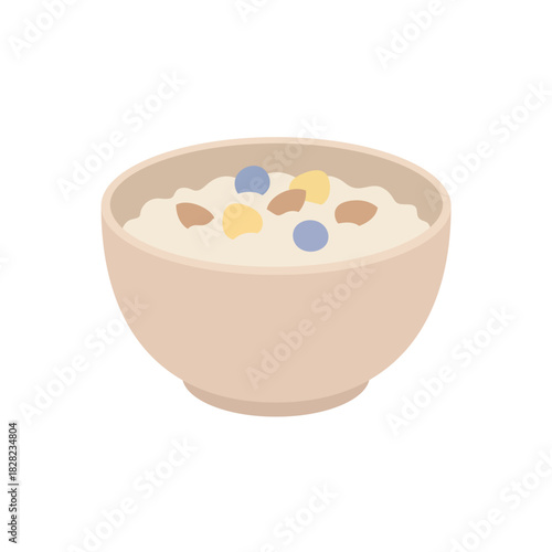 Bowl of hot oatmeal or porridge topped with blueberries and nuts, a simple, warm, and healthy breakfast flat vector illustration.