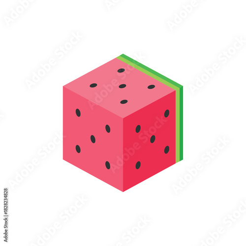 Isometric cube of watermelon with pink flesh, black seeds, and green rind layers, a geometric and refreshing flat vector concept.