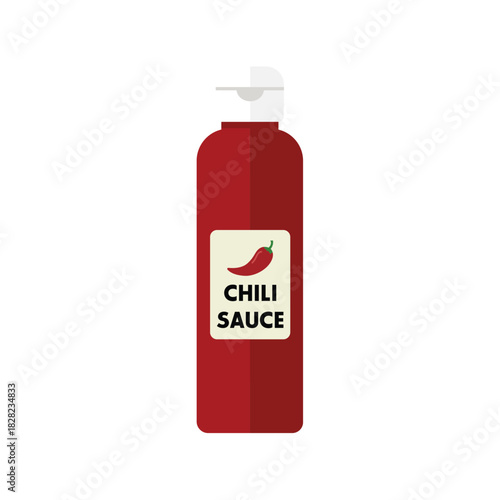 Red chili sauce squeeze bottle with a white cap and a label featuring a hot pepper, a spicy flat vector condiment icon.