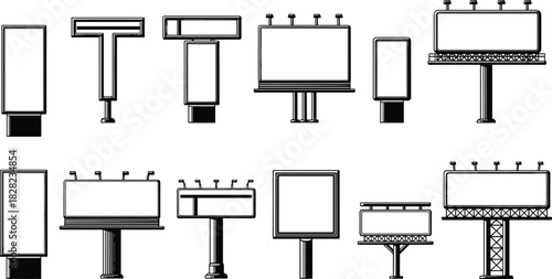 Collection of blank billboard signs and advertising boards in various shapes and styles for outdoor marketing, signage design, and promotional displays.