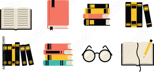 Collection of books, reading materials, stacked books, open book, notebook with pencil, study supplies and glasses illustration set.