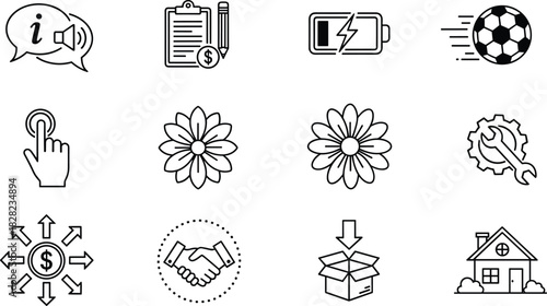 Collection of business, technology, flower, home, delivery, repair and finance outline icons for web design, apps, user interfaces, branding