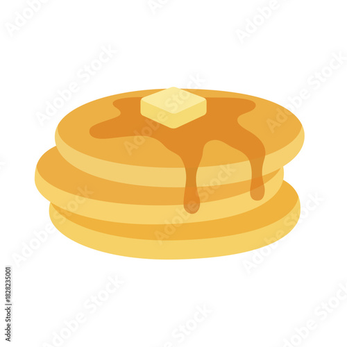 Stack of fluffy pancakes topped with melting butter and dripping maple syrup, a delicious breakfast flat vector illustration.