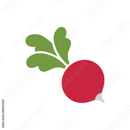 Vibrant red radish with green leafy tops, a fresh and healthy root vegetable flat vector icon.