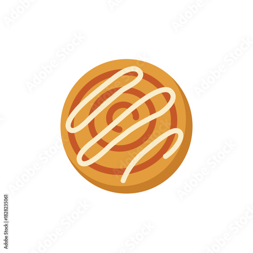 Sweet cinnamon roll or bun topped with white cream cheese frosting swirls, a delicious baked dessert flat vector illustration.