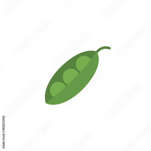 Open green pea pod revealing three peas inside, a fresh and healthy vegetable flat vector icon.