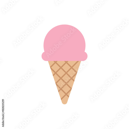 Single scoop of pink strawberry or bubblegum ice cream served in a classic waffle cone, a sweet summer dessert flat vector icon.