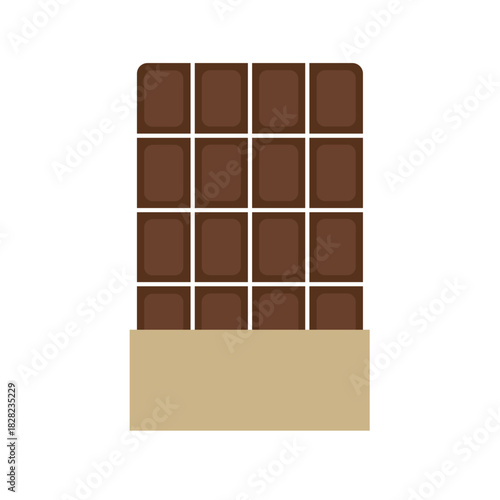 Classic rectangular milk or dark chocolate bar showing segmented squares, partially wrapped in a beige paper wrapper, a sweet dessert flat vector icon.