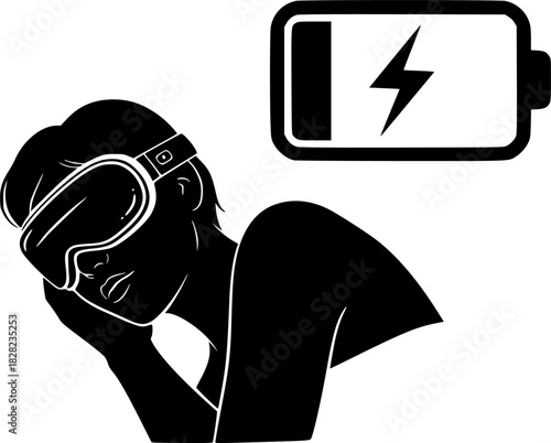 Sleep Tech & Tourism Silhouette - Person with Smart Eye Mask & Battery Recharging Icon Black Vector