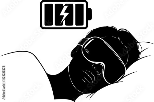 Sleep Tech & Tourism Silhouette - Person with Smart Eye Mask & Battery Recharging Icon Black Vector