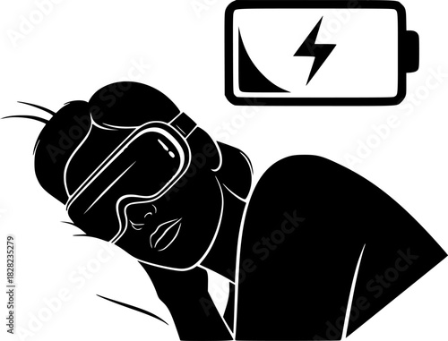 Sleep Tech & Tourism Silhouette - Person with Smart Eye Mask & Battery Recharging Icon Black Vector