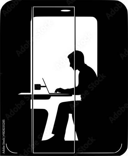 Acoustic Office Pod Silhouette - Person in Soundproof Work Booth Black Vector Icon for Deep Work & Privacy