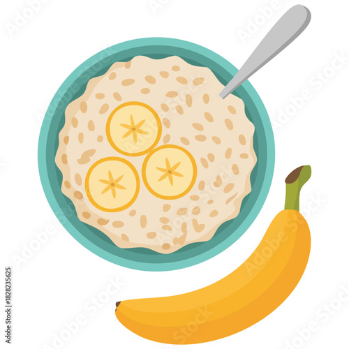 Wholesome morning meal with sliced banana in oatmeal porridge and wooden spoon cartoon vector art