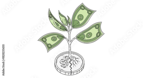 A stylized illustration depicts a plant growing from a coin, with its leaves shaped like dollar bills, symbolizing financial growth and investment.