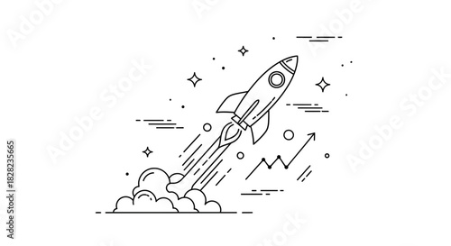 A stylized black and white line art illustration of a rocket launching into space, depicted with smoke, stars, and an upward trending graph.