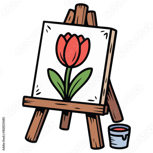 Flower artwork canvas on wooden display easel vector illustration on white background