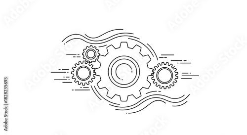 An abstract illustration of interconnected gears and flowing lines, symbolizing mechanical processes and synergy.