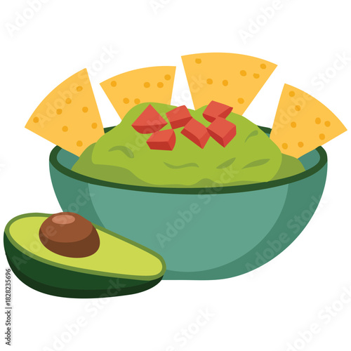 Traditional avocado guacamole dip isolated vector illustration on white background