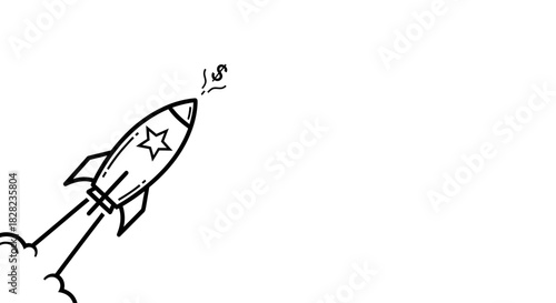 A hand-drawn illustration of a rocket ship launching into space with smoke trailing behind it.