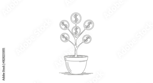 A hand-drawn illustration of a potted plant with coins instead of leaves, symbolizing financial growth and investment.