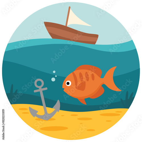 Fish jumping near wooden boat isolated vector illustration on white background