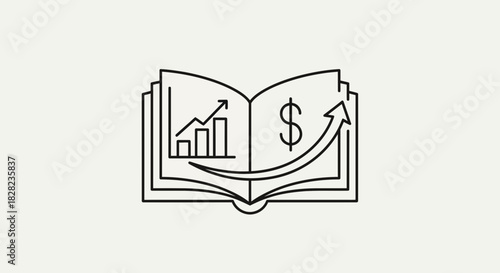An open book displaying a financial growth chart and a dollar sign with an upward trending arrow, symbolizing financial education and investment.