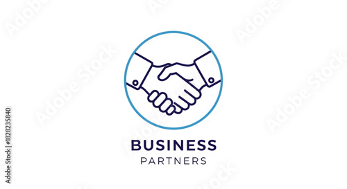 A minimalist blue and white graphic illustration of two hands shaking inside a circle, symbolizing business partnership and agreement.