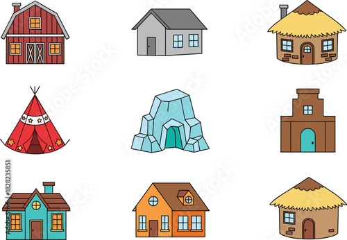 Collection of diverse house illustrations, traditional homes, teepee tent, igloo cave, cartoon buildings, village huts, colorful architecture set, vector design