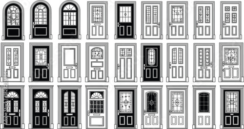 Collection of detailed front door illustrations, classic and modern entrance designs, decorative glass panels, architectural house door artwork for design projects