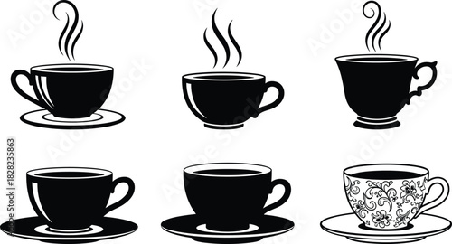 Collection of elegant tea and coffee cup silhouettes with steam, classic mug designs for café branding, artwork, menu, decoration