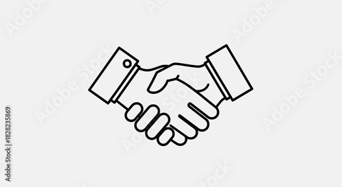 A simple black and white line drawing of two hands shaking in agreement or partnership.