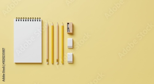 Yellow Stationery Flatlay - Pencils, Notebook, Eraser.