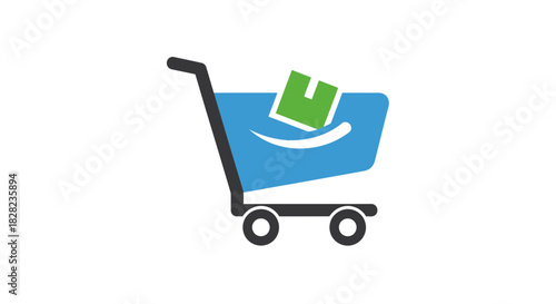 A blue shopping cart icon with a green box inside, representing e-commerce and online shopping.
