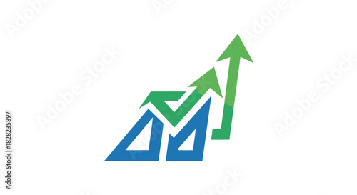 Abstract graphic representing upward financial growth and progress with green arrows and blue bars.
