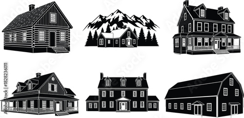 Collection of house and cabin illustrations including farmhouse, mountain lodge, cottage and barn designs for architecture, real estate and rural property themes